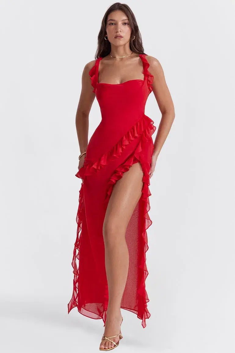 House of CB Ariela Cherry Ruffle Maxi Dress Red Size S/AU 8 - Image 1