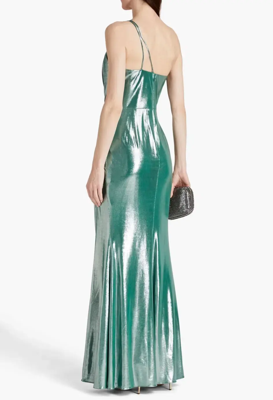 Marchesa Notte One-Shoulder Ruched Metallic Stretch-Jersey Gown Metallic Green Size 10 - Image 2