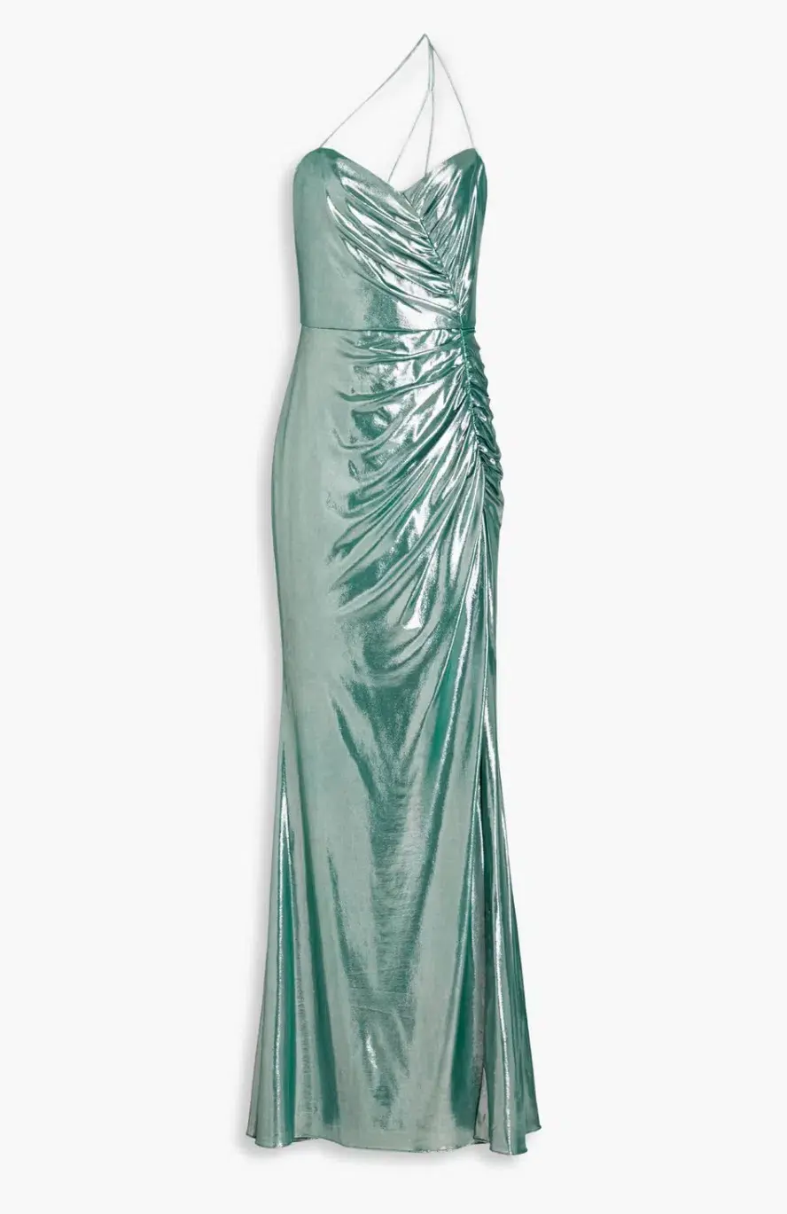 Marchesa Notte One-Shoulder Ruched Metallic Stretch-Jersey Gown Metallic Green Size 10 - Image 3
