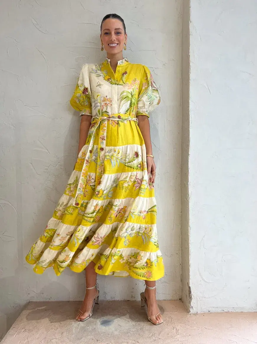 Alemais Ira Tiered Midi Dress Lemon / Cream Size AU 10 - Image 1
