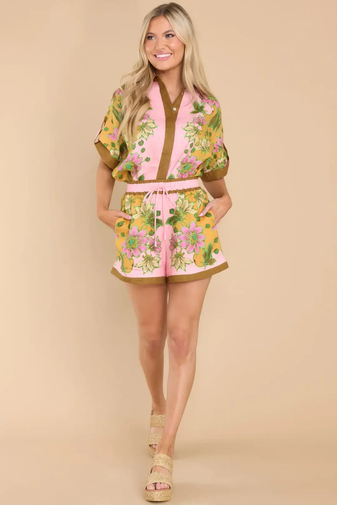 Alemais Winnie Floral Spliced Pink Shirt and Short Two Piece Set Print Size 10 for rent on The Volte - main image