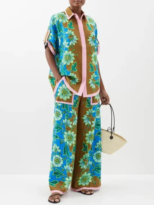 Alemais Winnie Floral Spliced Blue Brown Shirt and Pant Two Piece Set Floral Size 10  for rent on The Volte - main image