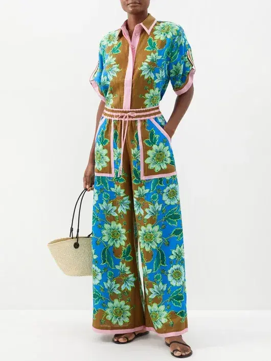Alemais Winnie Floral Spliced Blue Brown Shirt and Pant Two Piece Set Floral Size 10  - Image 2