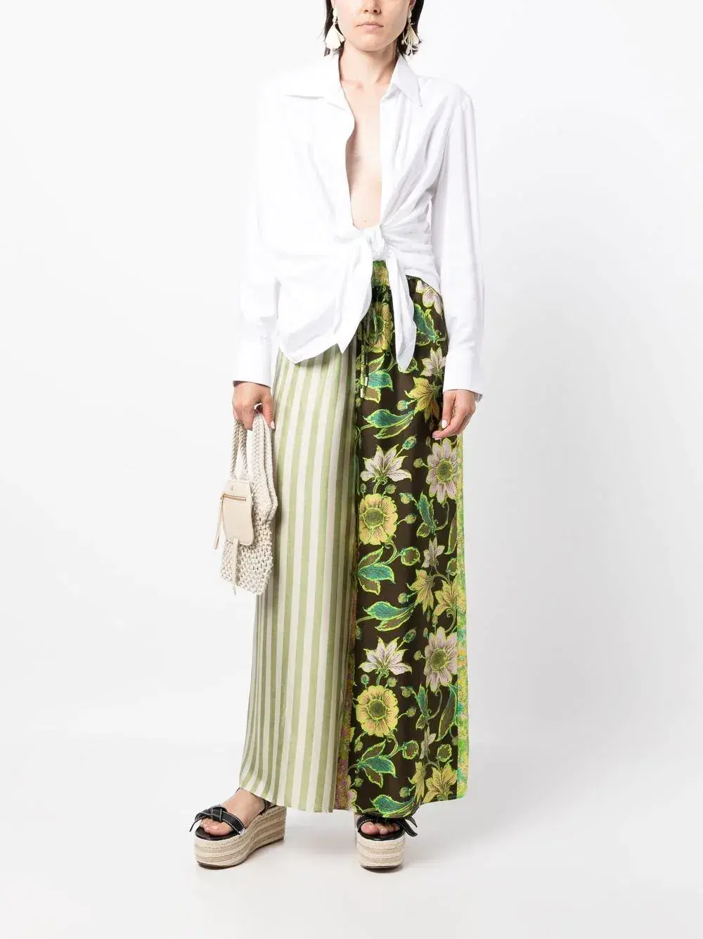 Alemais Winnie Patchwork Spliced Silk Shirt and Pant Set Green Floral Size AU 10 for rent on The Volte - main image