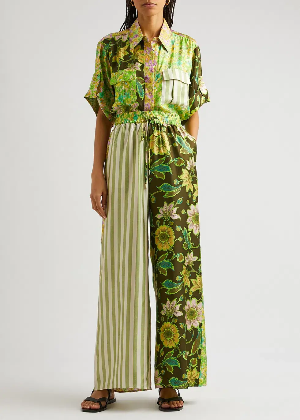 Alemais Winnie Patchwork Spliced Silk Shirt and Pant Set Green Floral Size AU 10 for rent on The Volte - main image