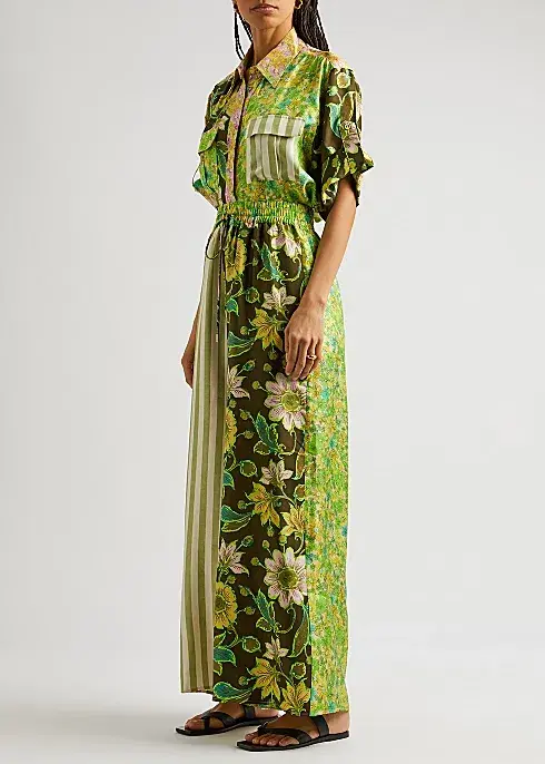 Alemais Winnie Patchwork Spliced Silk Shirt and Pant Set Green Floral Size AU 10 for rent on The Volte - main image
