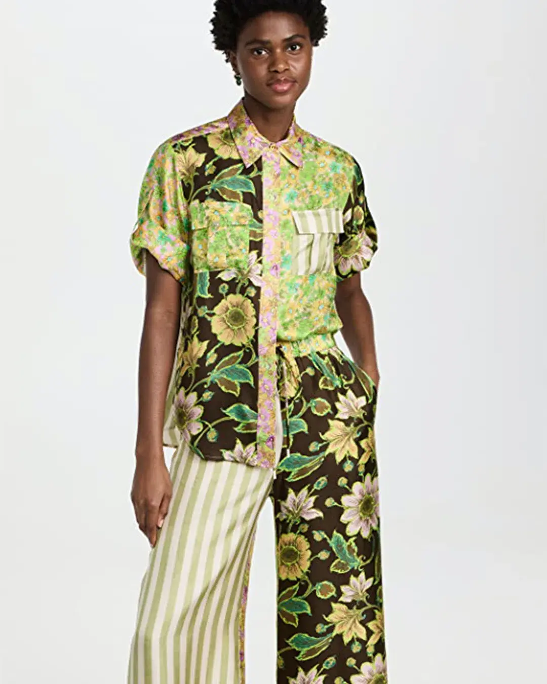 Alemais Winnie Patchwork Spliced Silk Shirt and Pant Set Green Floral Size AU 10 - Image 3