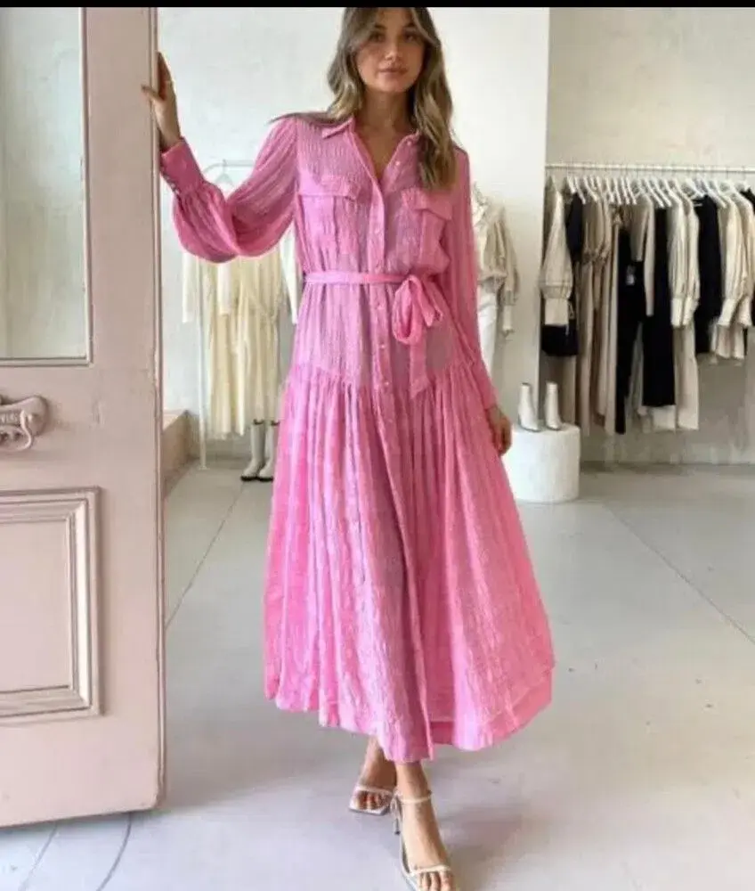Alemais Antonella Silk Embroidered Shirt Maxi Dress Pink Size 10 AU - Image 1