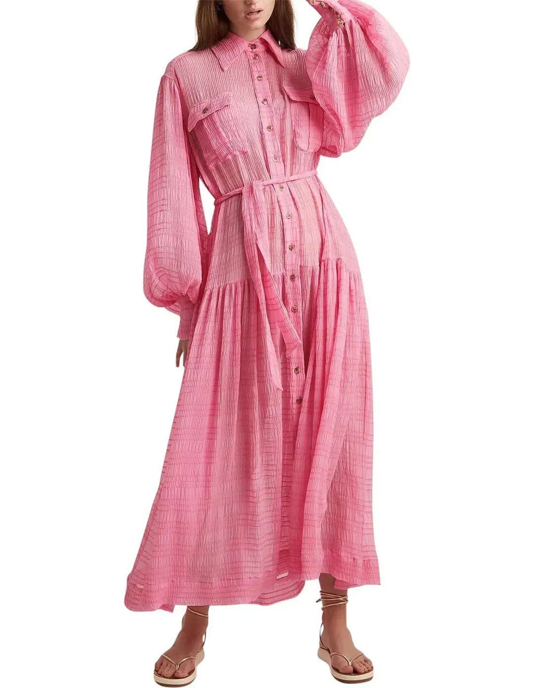 Alemais Antonella Silk Embroidered Shirt Maxi Dress Pink Size 10 AU for rent on The Volte - main image