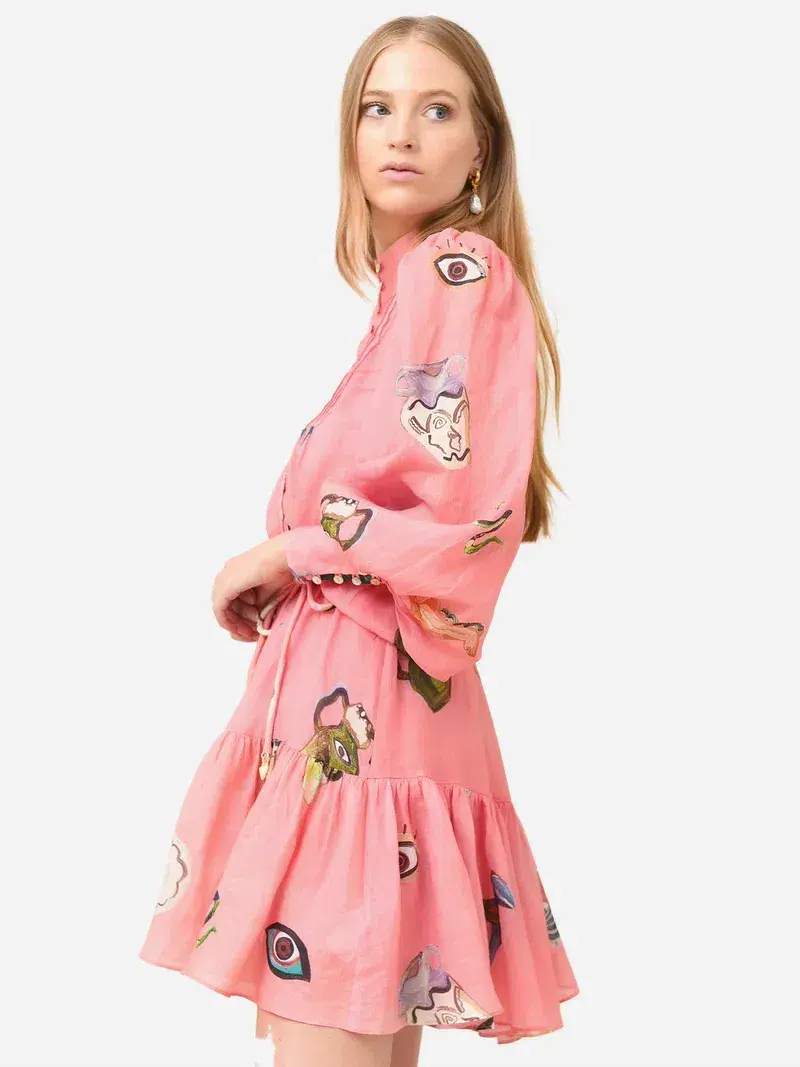 Alemais Cleo Smock Mini Dress Pink Size 8 AU - Image 4