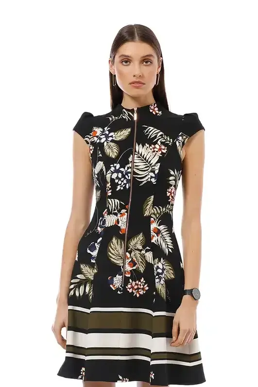 Cue Palm Leaf Zip Front Dress Black Size AU 10 - Image 2