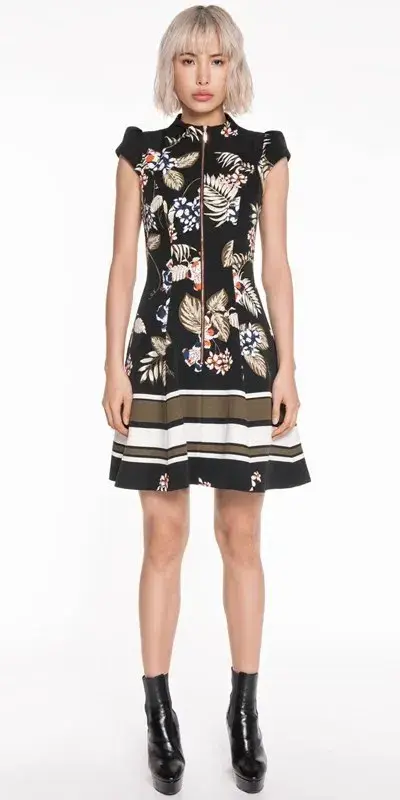 Cue Palm Leaf Zip Front Dress Black Size AU 10 for rent on The Volte - main image