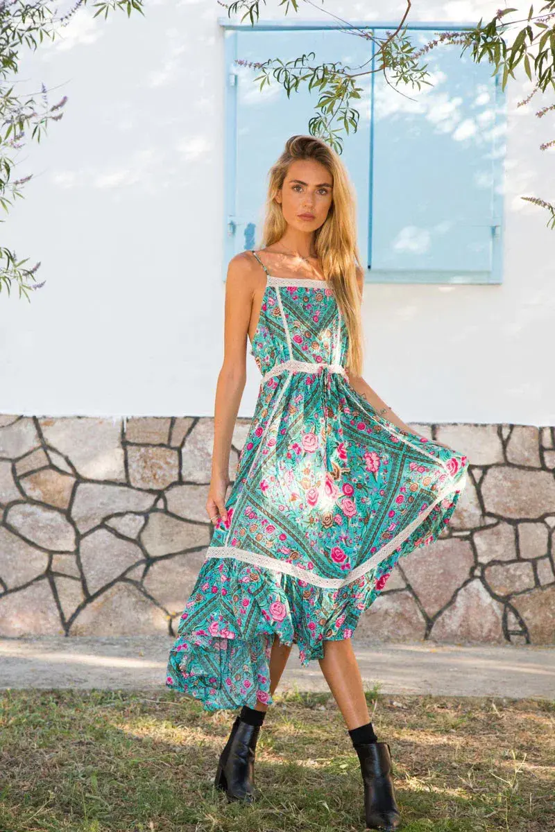 Spell Turquoise Babushka Midi Dress Size S/AU 8 - Image 1