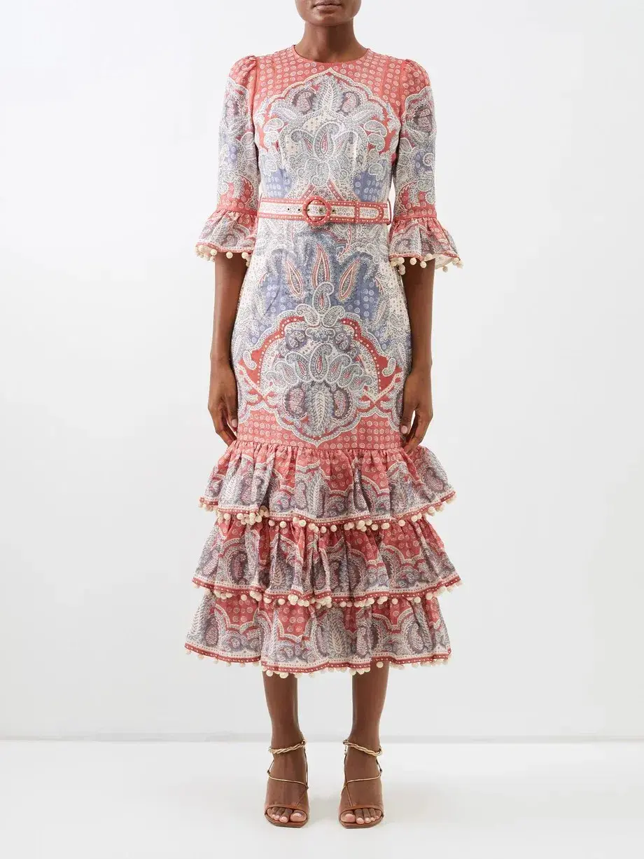Zimmermann Vitali Paisley-Print Tiered Linen-Voile Dress 0P/AU 6 - Image 1