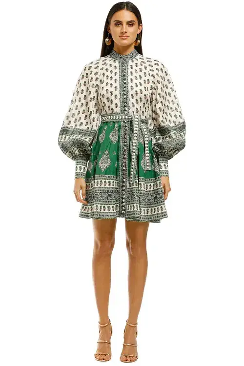 Zimmermann Amari Emerald Long Sleeve Buttoned Mini Dress Green Paisley Size 3 / Au 14 - Image 3