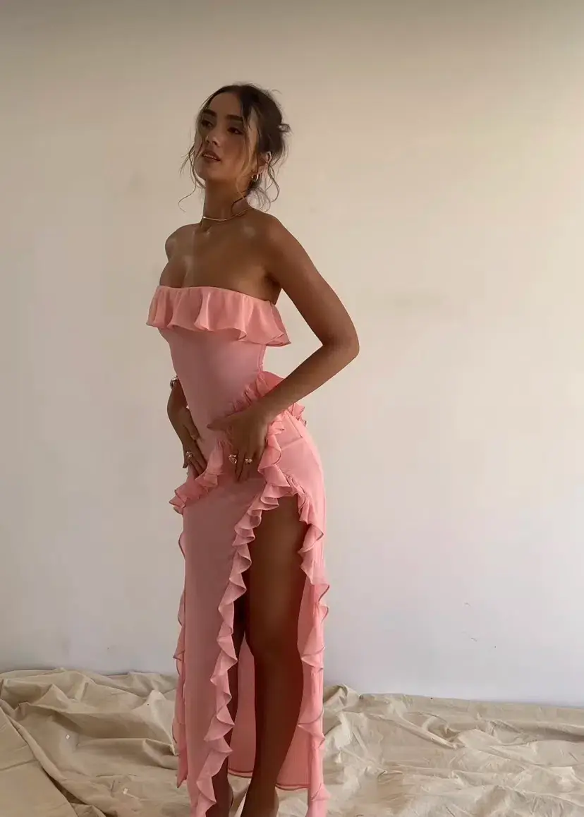 House of CB Sarina Ruffle Maxi Dress Apricot Size 6 for rent on The Volte - main image