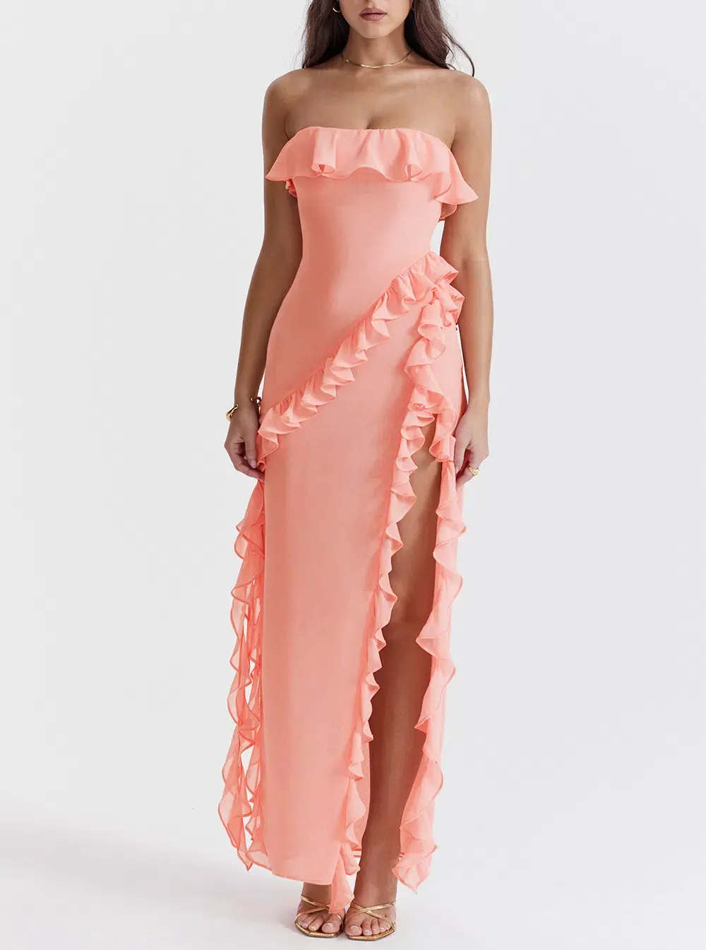 House of CB Sarina Ruffle Maxi Dress Apricot Size 10 for rent on The Volte - main image