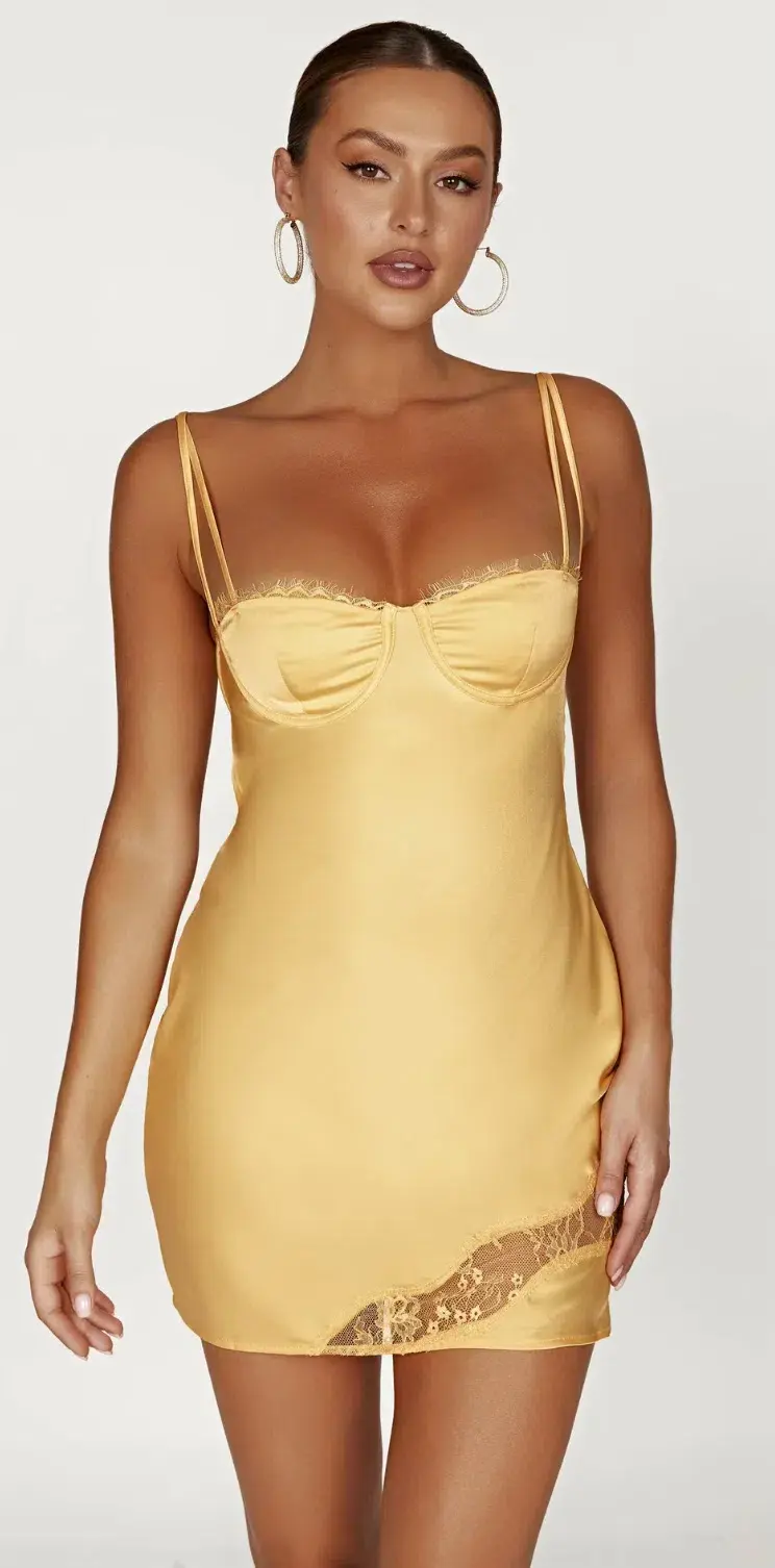 Meshki Joslyn Satin Lace Slip Mini Dress Yellow Size AU 6  - Image 3