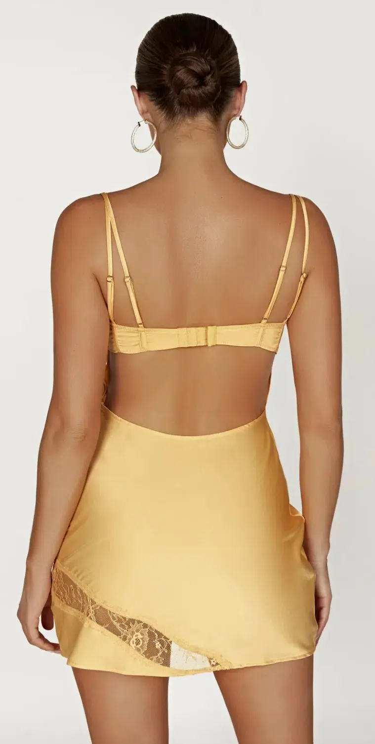 Meshki Joslyn Satin Lace Slip Mini Dress Yellow Size AU 6  - Image 4