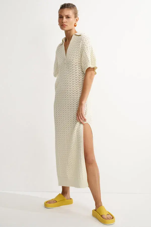 Shona Joy Mikala Crochet Polo Midi Dress Coconut Size M / AU 10  - Image 5
