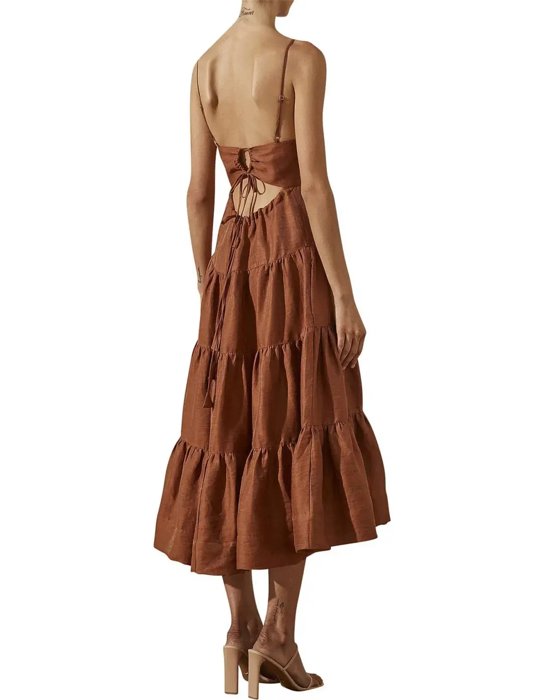 Shona Joy Elsa Tiered Midi Dress Brown Size AU 10 for rent on The Volte - main image
