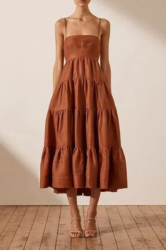 Shona Joy Elsa Tiered Midi Dress Brown Size AU 10 for rent on The Volte - main image