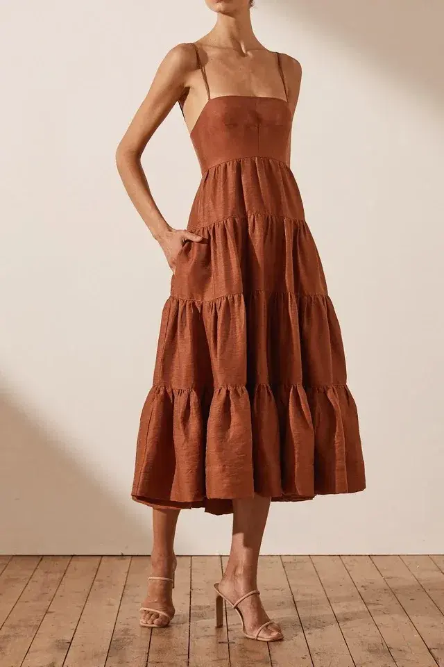 Shona Joy Elsa Tiered Midi Dress Brown Size AU 10 - Image 2