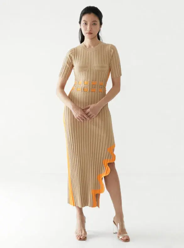 PH5 Jodie Pleated Long Dress With Wavy Side Slit in Brown Size AU 8 for rent on The Volte - main image
