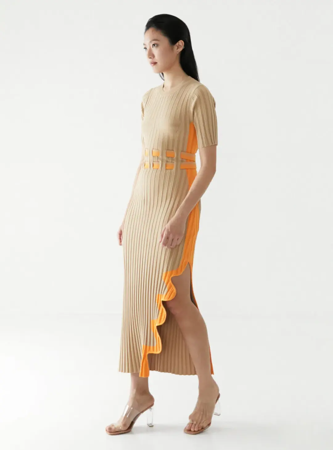 PH5 Jodie Pleated Long Dress With Wavy Side Slit in Brown Size AU 8 for rent on The Volte - main image