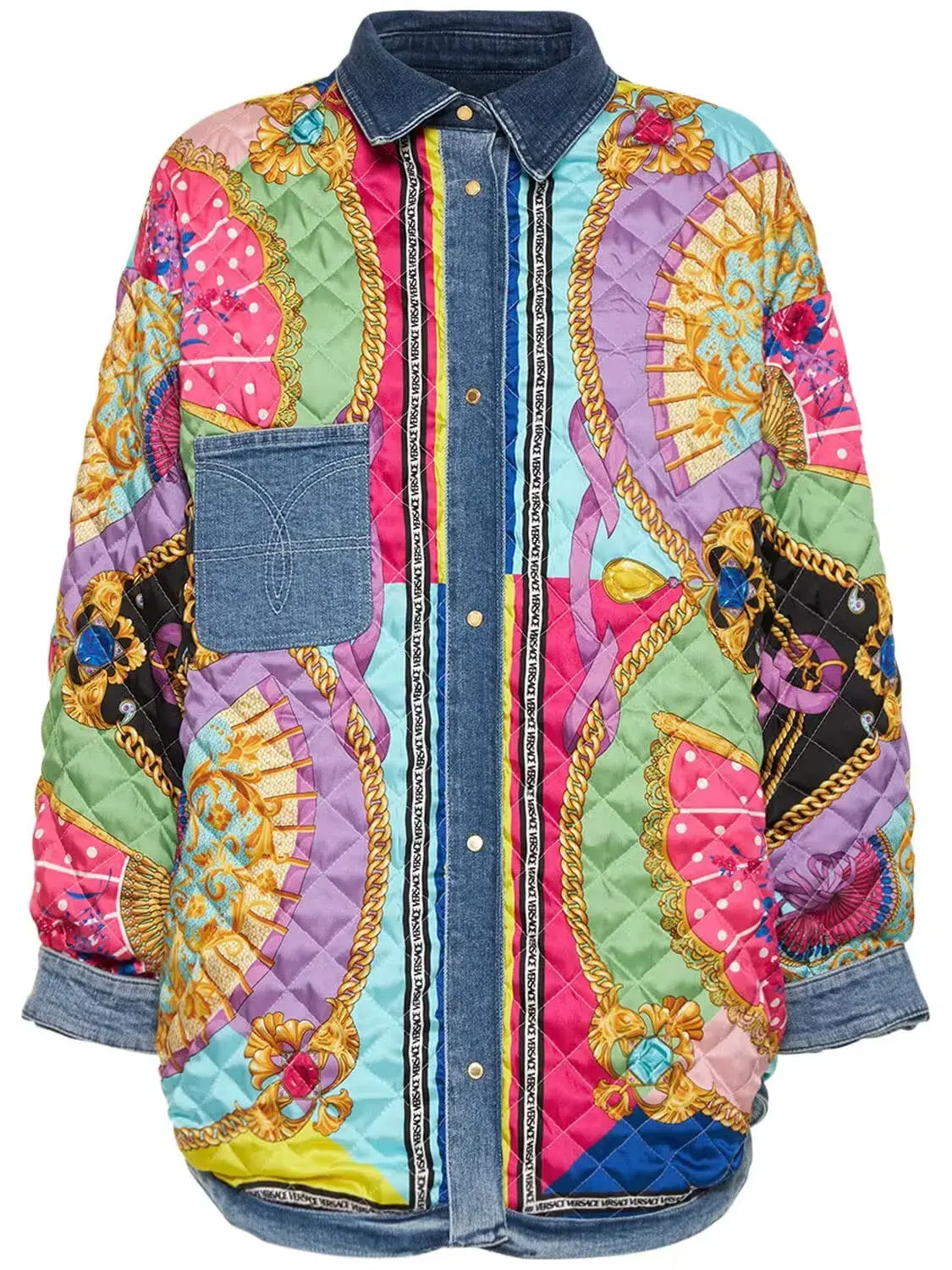 Versace Oversized Patchwork Cotton Denim Shirt Size 8 - Image 3