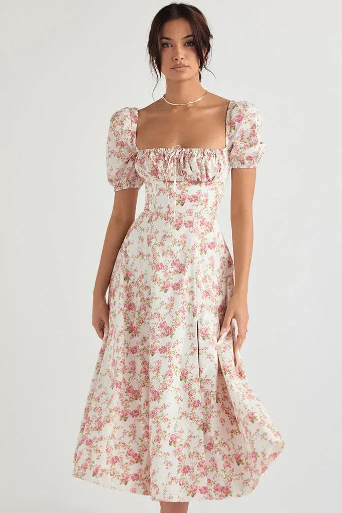 House of CB Rose Print Puff Sleeve Midi Sundress Floral Size L/AU 12 - Image 1