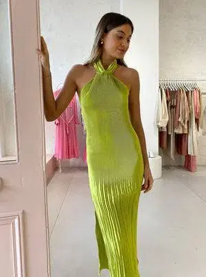L'Idee Soirée Pleated Halter Gown Green Size 10 - Image 2