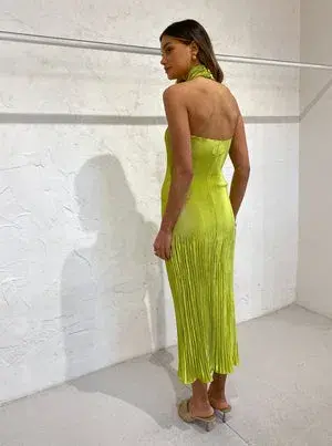 L'Idee Soirée Pleated Halter Gown Green Size 10 - Image 3