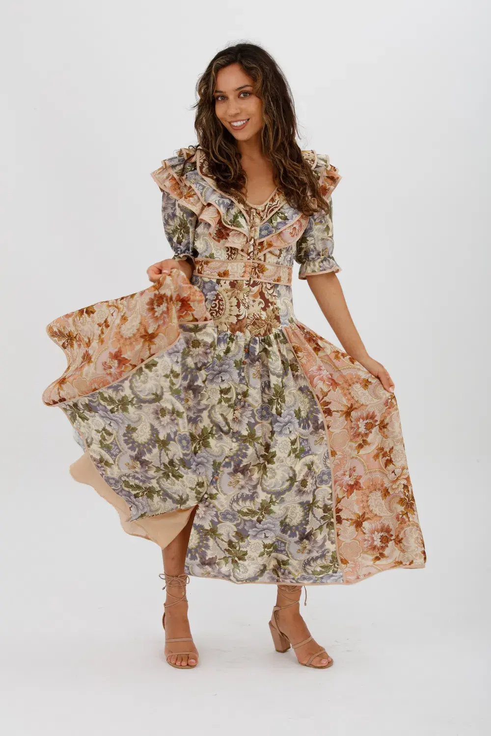 Alèmais Phillipa Ruffle Neck Midi Dress Floral Size 8 - Image 3