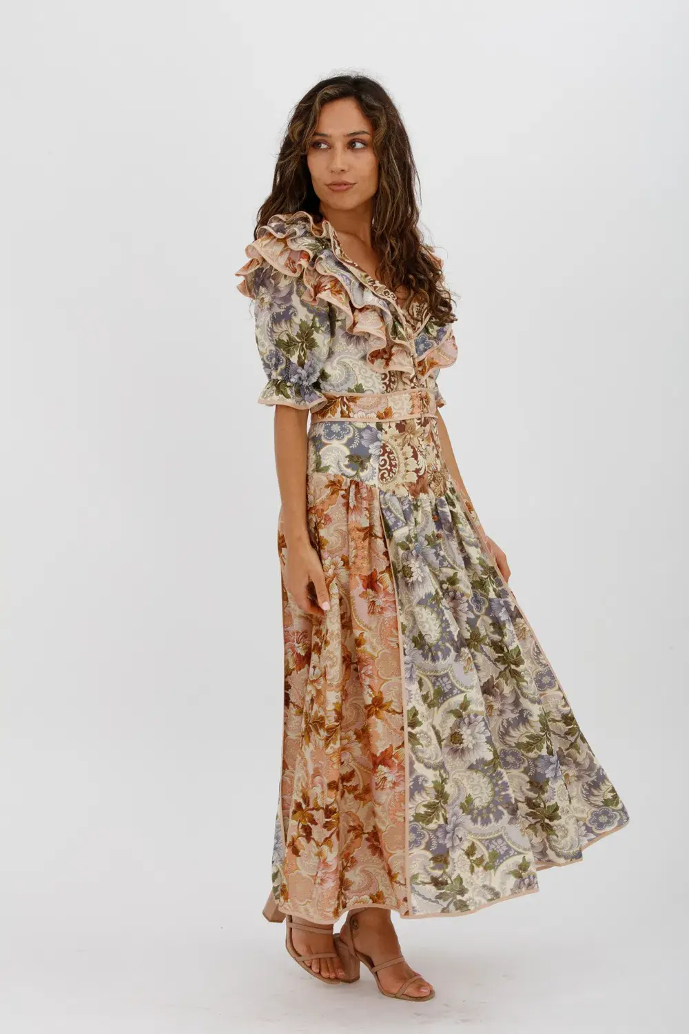 Alèmais Phillipa Ruffle Neck Midi Dress Floral Size 8 for rent on The Volte - main image