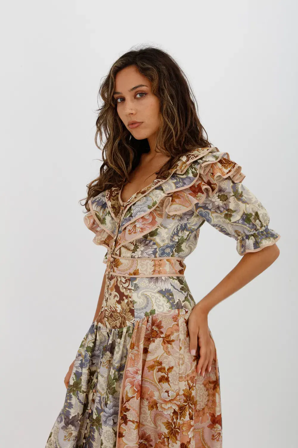 Alèmais Phillipa Ruffle Neck Midi Dress Floral Size 8 for rent on The Volte - main image