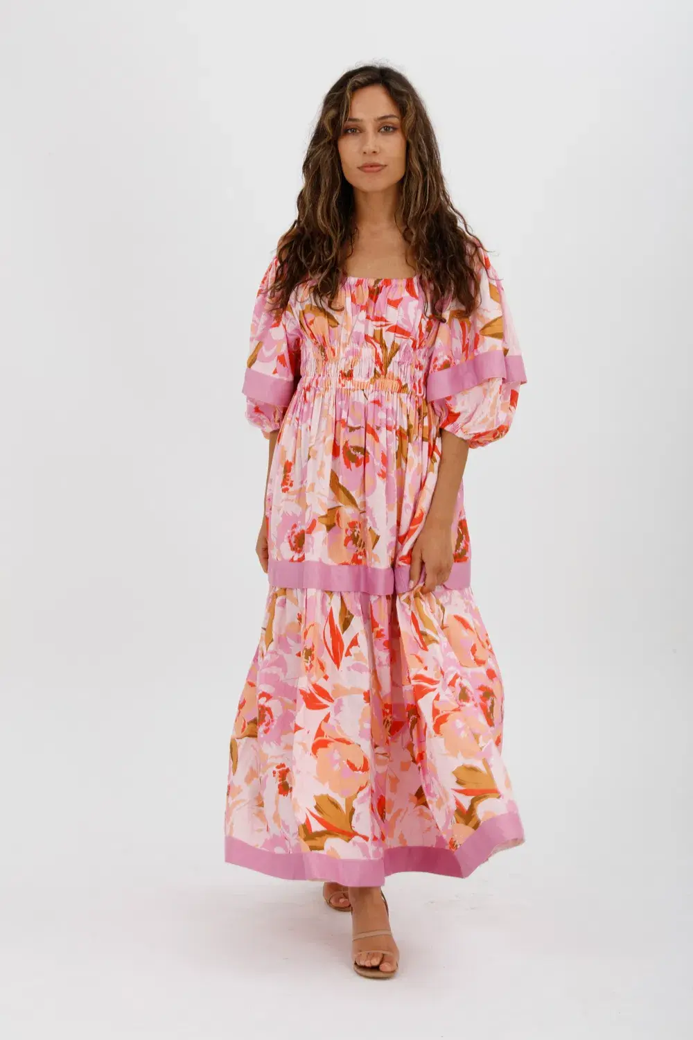 Acler Wayland Short Sleeve Printed Midi Dress Pink Floral Size 8 for rent on The Volte - main image