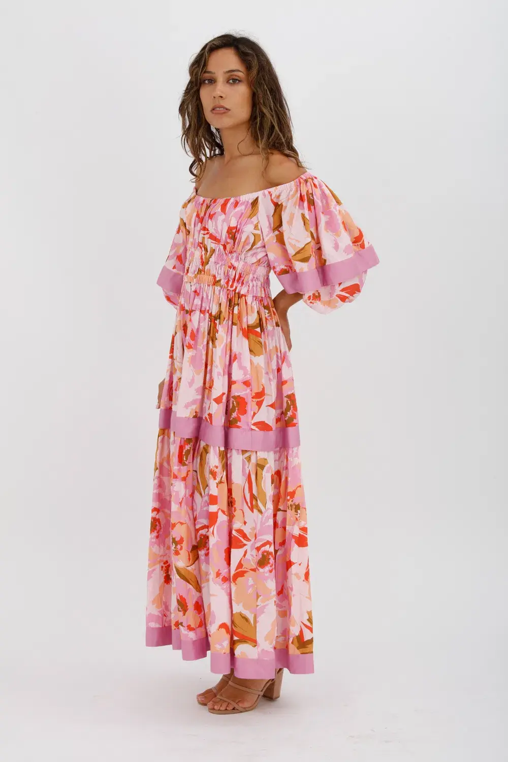 Acler Wayland Short Sleeve Printed Midi Dress Pink Floral Size 8 for rent on The Volte - main image