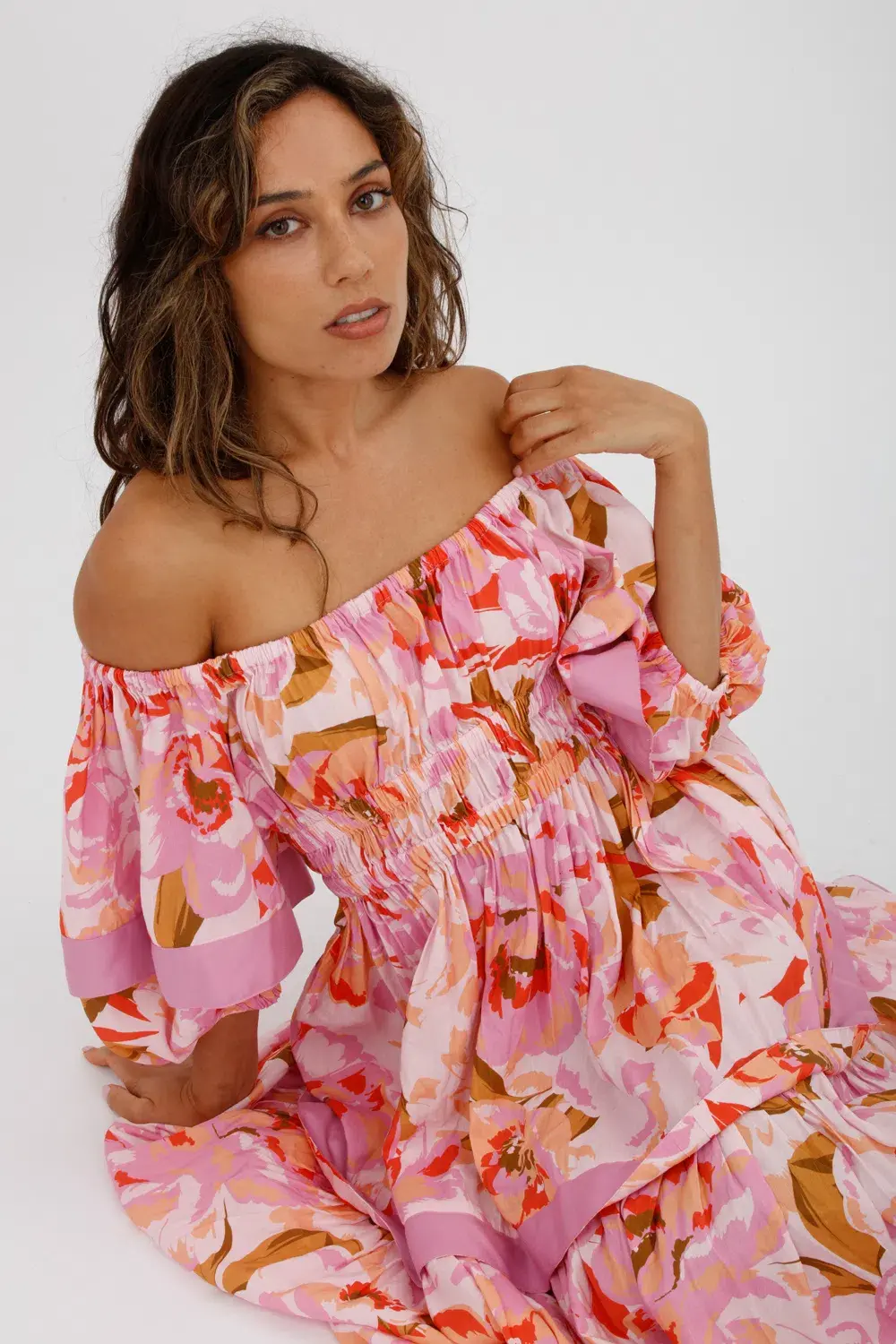 Acler Wayland Short Sleeve Printed Midi Dress Pink Floral Size 8 for rent on The Volte - main image