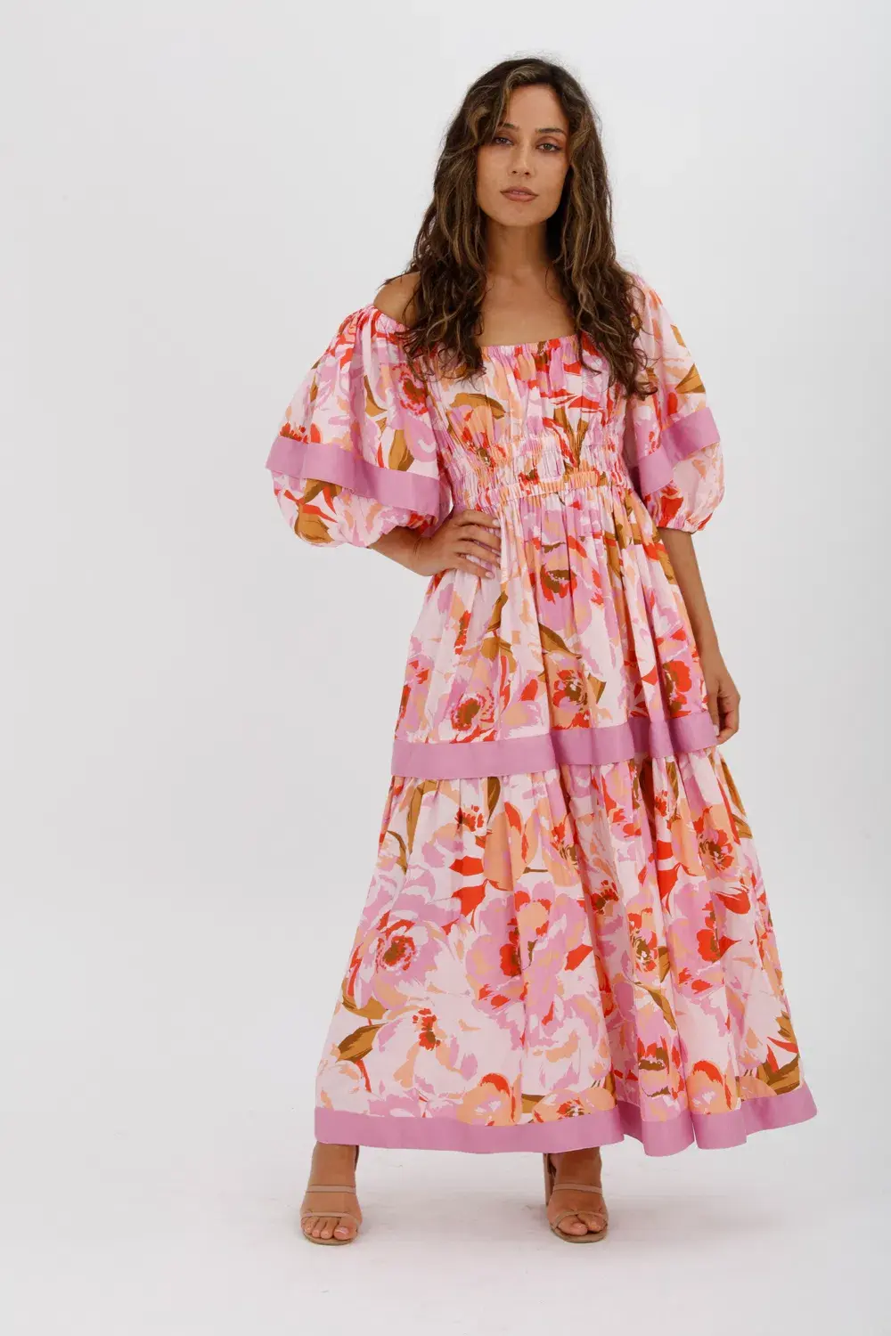 Acler Wayland Short Sleeve Printed Midi Dress Pink Floral Size 8 for rent on The Volte - main image