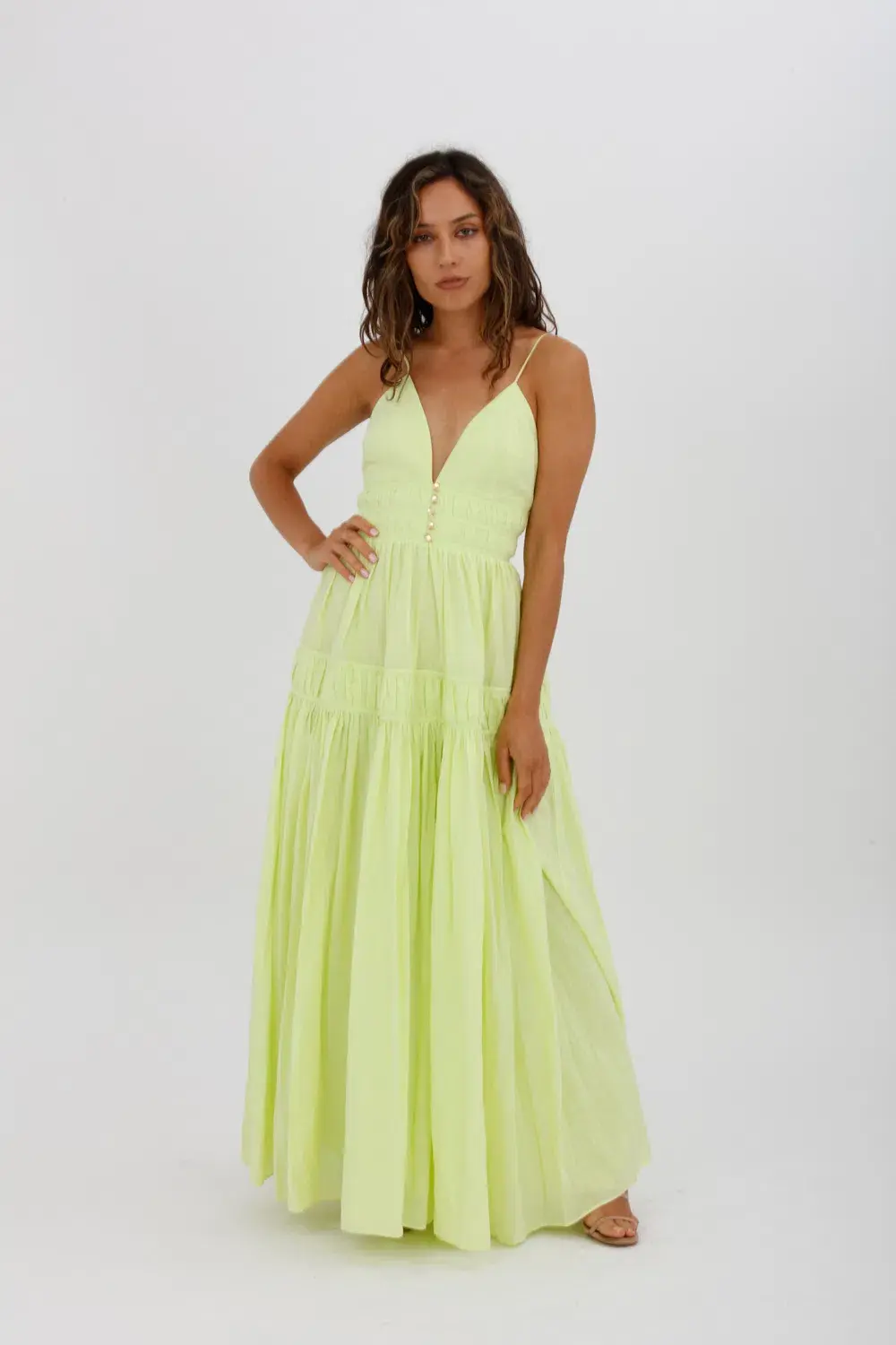Aje Grace Tiered Midi Dress Pastel Yellow Green Size 10 - Image 1