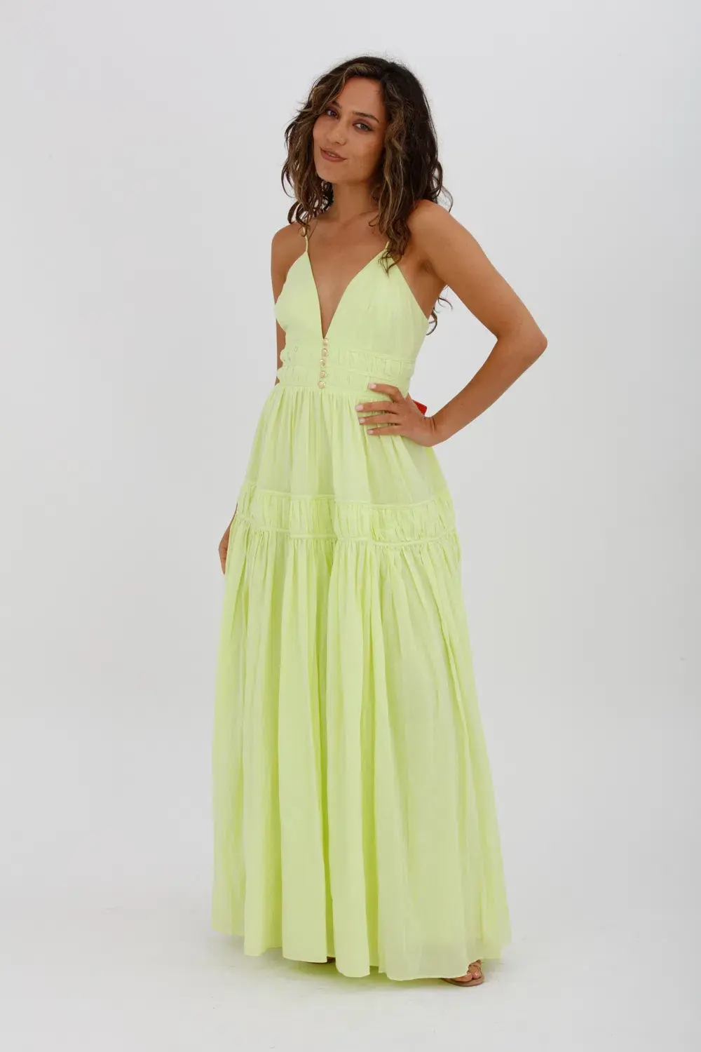 Aje Grace Tiered Midi Dress Pastel Yellow Green Size 10 - Image 3