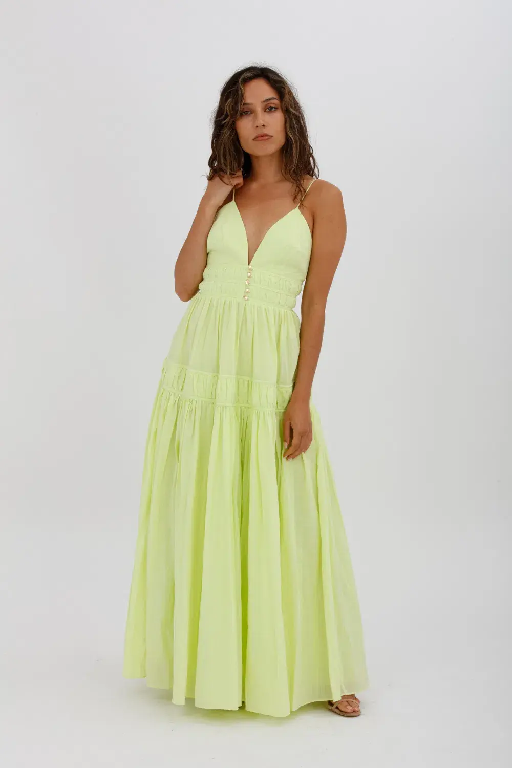Aje Grace Tiered Midi Dress Pastel Yellow Green Size 10 - Image 11