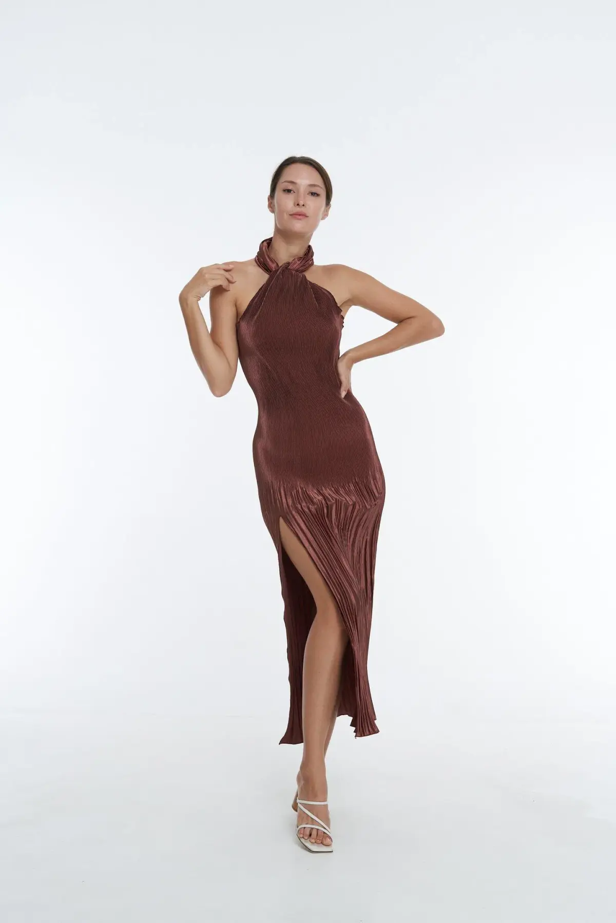 L'Idee Soirée Pleated Halter Gown Brown Size 12 - Image 2