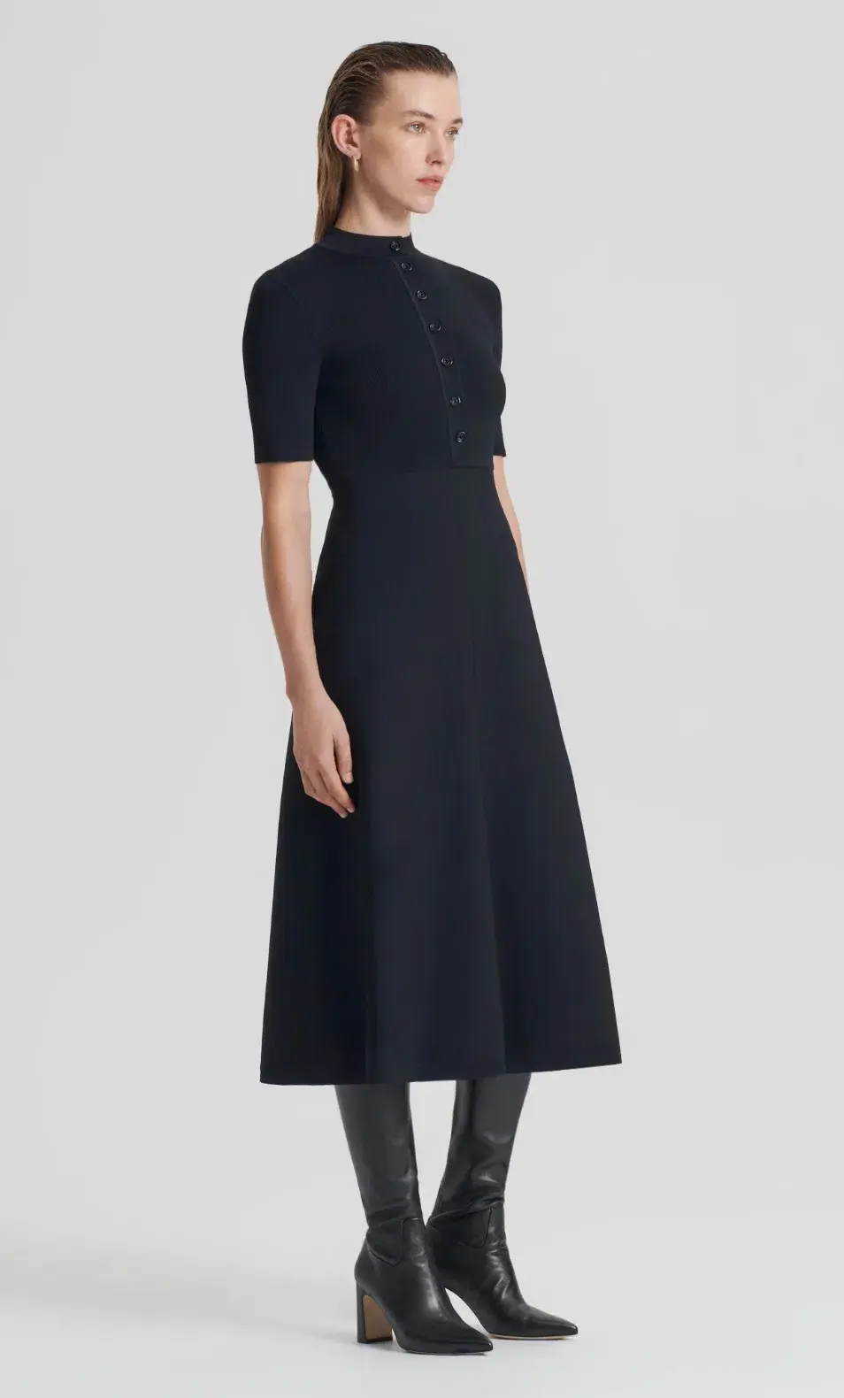 Scanlan Theodore Crepe Knit Short Sleeve Button Midi Dress Black Size S / Au 8 for rent on The Volte - main image