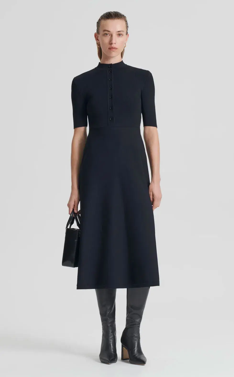Scanlan Theodore Crepe Knit Short Sleeve Button Midi Dress Black Size S / Au 8 for rent on The Volte - main image