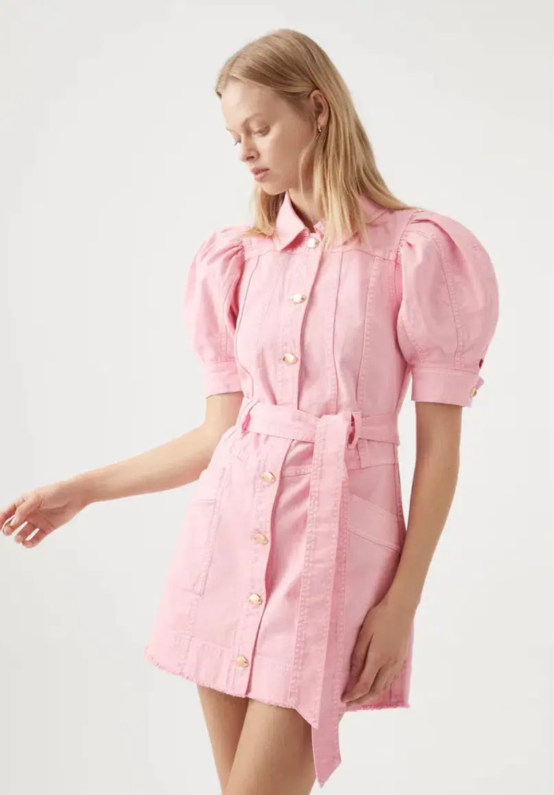Aje Flora Denim Puff Sleeve Mini Dress Pink Size AU 8 - Image 3