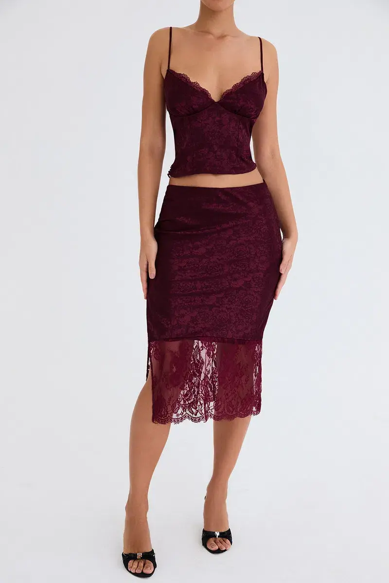 House of CB Mistress Rocks Mulberry Satin And Lace Top and Midi Skirt Burgundy Size S / AU 8  - Image 1