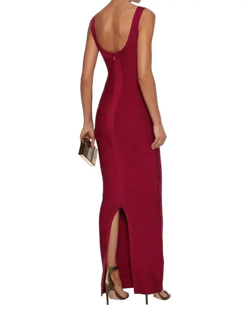 Herve Leger Cranberry Round Neck Gown Red Size Small - Image 3
