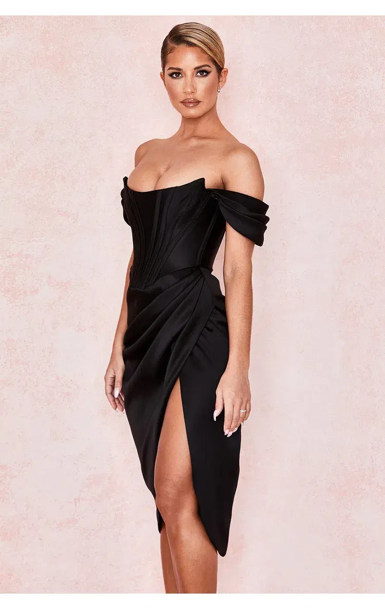 House of Cb Loretta Satin Off Shoulder Dress Black Size XS / Au 6 - Image 5